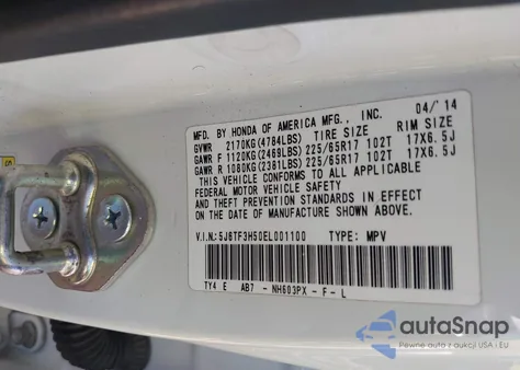 2014 Honda Crosstour Ex-L from USA, damaged, VIN 5J6TF3H50EL001100